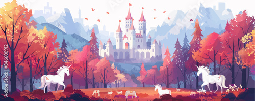 A mystical castle surrounded by a magical forest with unicorns grazing nearby. Vector flat minimalistic isolated illustration.