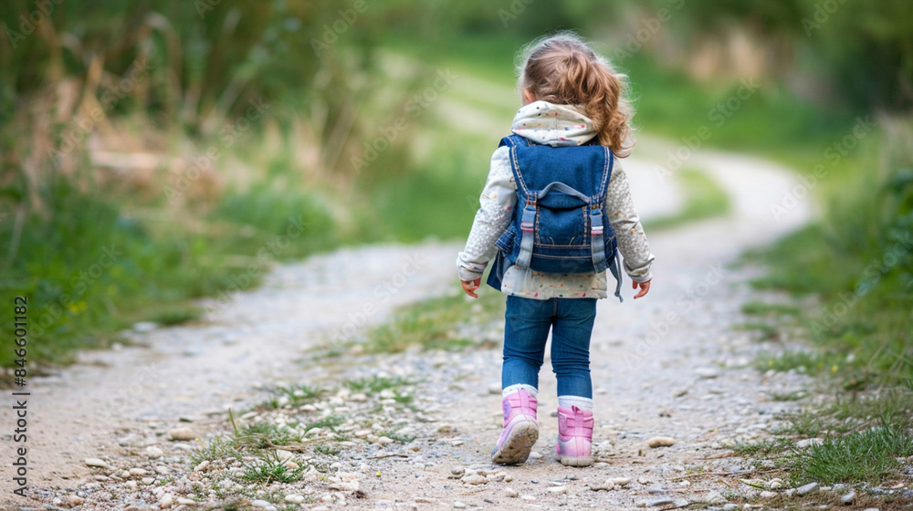 A little girl is walking down a dirt road with a backpack on A little girl is walking down a dirt road with a backpack on