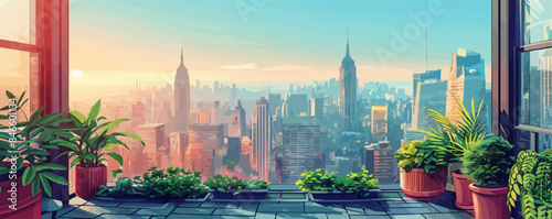 Urban rooftop garden with city skyline views. Vector flat minimalistic isolated illustration.