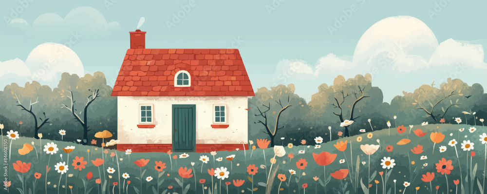 Fototapeta premium Peaceful countryside cottage surrounded by flowers. Vector flat minimalistic isolated