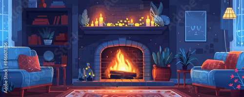 A cozy fireplace with crackling flames warming a living room. Vector flat minimalistic isolated illustration.