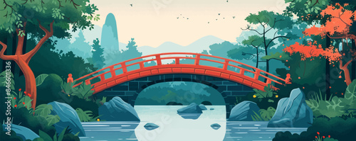 Whimsical fairytale bridge over a tranquil stream Vector flat minimalistic isolated illustration