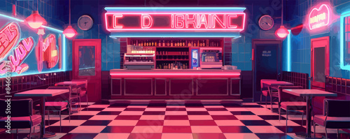 Retro diner with neon signs and checkered floors Vector flat minimalistic isolated illustration