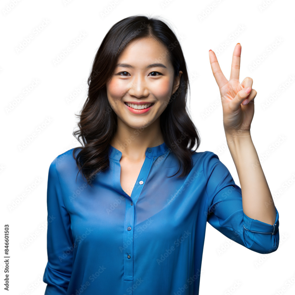 Smiling woman showing peace sign on transparent background Smiling woman showing peace sign on transparent background