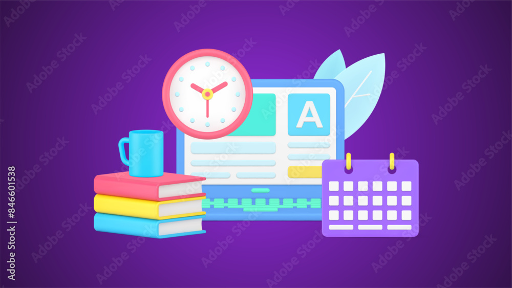 Obraz premium Internet exam laptop user interface with wall watch and schedule 3d icon isometric vector