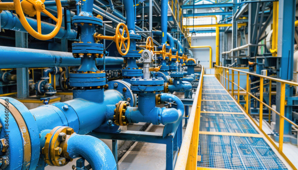 Factory uses blue pipes, yellow valves for gas production, steel casing, composite material Factory uses blue pipes, yellow valves for gas production, steel casing, composite material