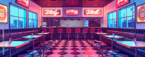 Retro diner with neon signs and checkered floors Vector flat minimalistic isolated illustration