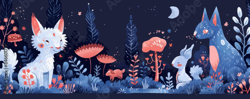 Whimsical wonderland of fantastical creatures and magical realms. Vector flat minimalistic isolated illustration.