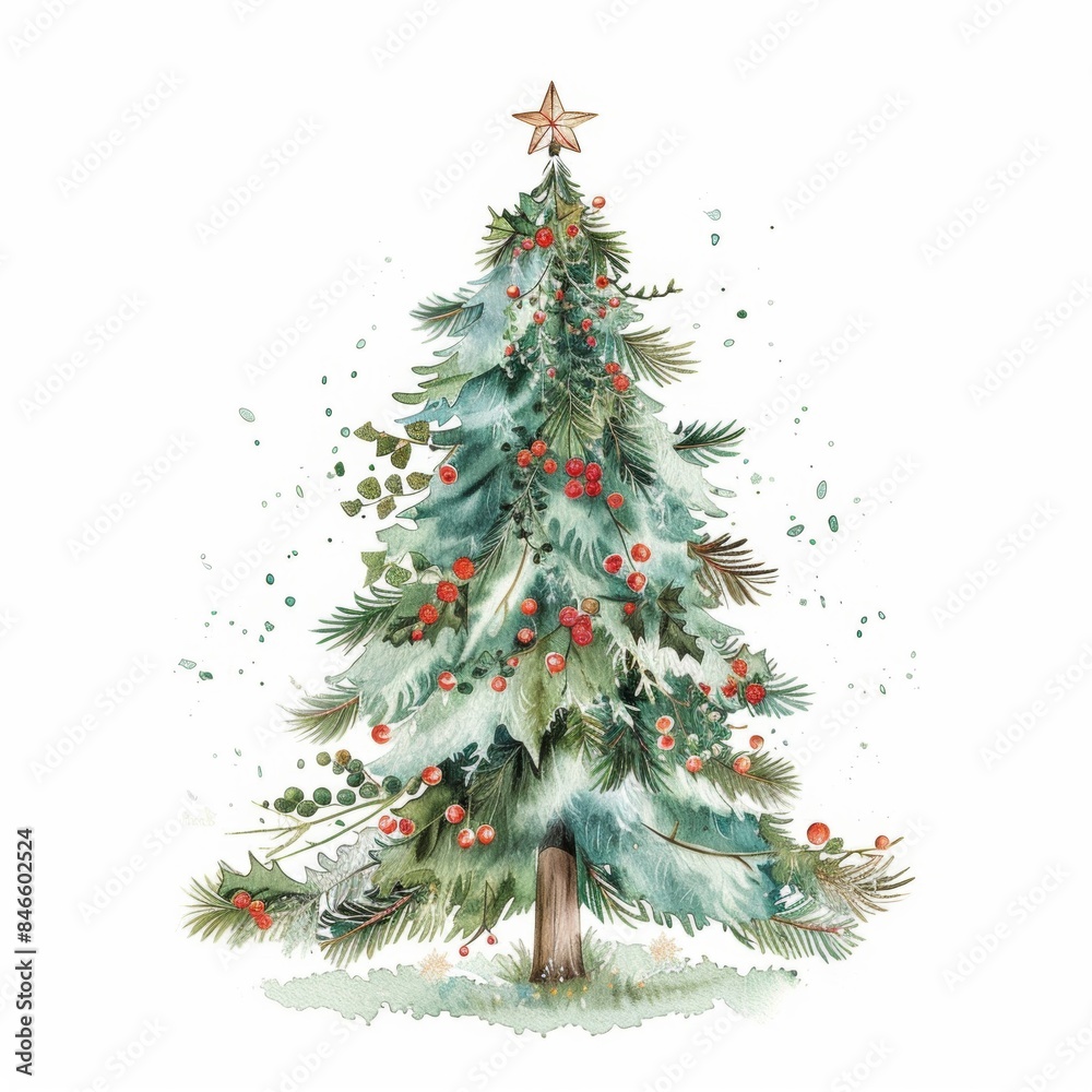 Watercolor clipart of a festive Christmas tree isolated on white background Perfect for holiday decorations and festive designs Watercolor clipart of a festive Christmas tree isolated on white background Perfect for holiday decorations and festive designs