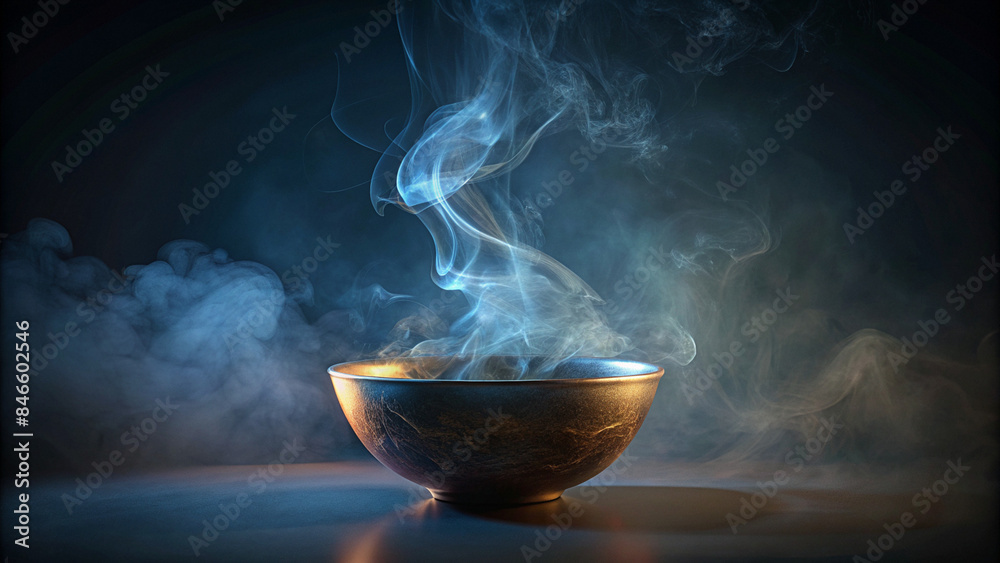 Mysterious Illuminated Smoke Rising from a Dark Bowl Against a Moody Blueish Background - A Dramatic and Atmospheric Visual Metaphor for Concepts Related to Mystery, Magic, and Alchemy. Mysterious Illuminated Smoke Rising from a Dark Bowl Against a Moody Blueish Background - A Dramatic and Atmospheric Visual Metaphor for Concepts Related to Mystery, Magic, and Alchemy.