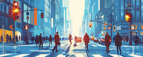 Modern city intersection with traffic lights and pedestrians Vector flat minimalistic isolated illustration