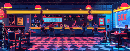 Retro jukebox with glowing lights and music notes. Vector flat minimalistic isolated