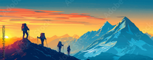 Hikers in the mountains, reaching the summit. Vector flat minimalistic isolated illustration.