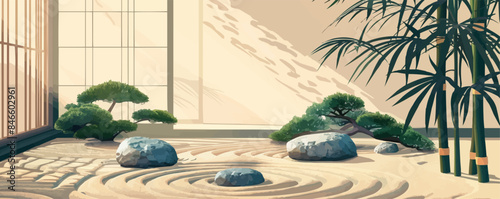 Peaceful zen garden with raked sand Vector flat minimalistic isolated illustration
