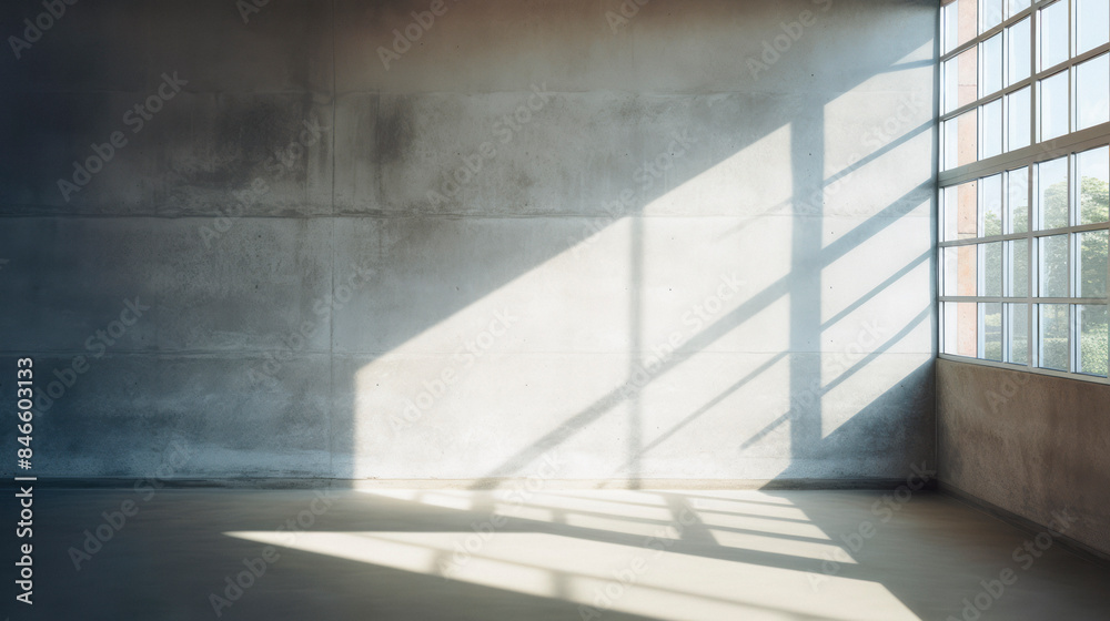 Fototapeta premium Empty room in grunge style used concrete walls and floor with interesting reflection from window. Interior environment background for presentation. Generative AI