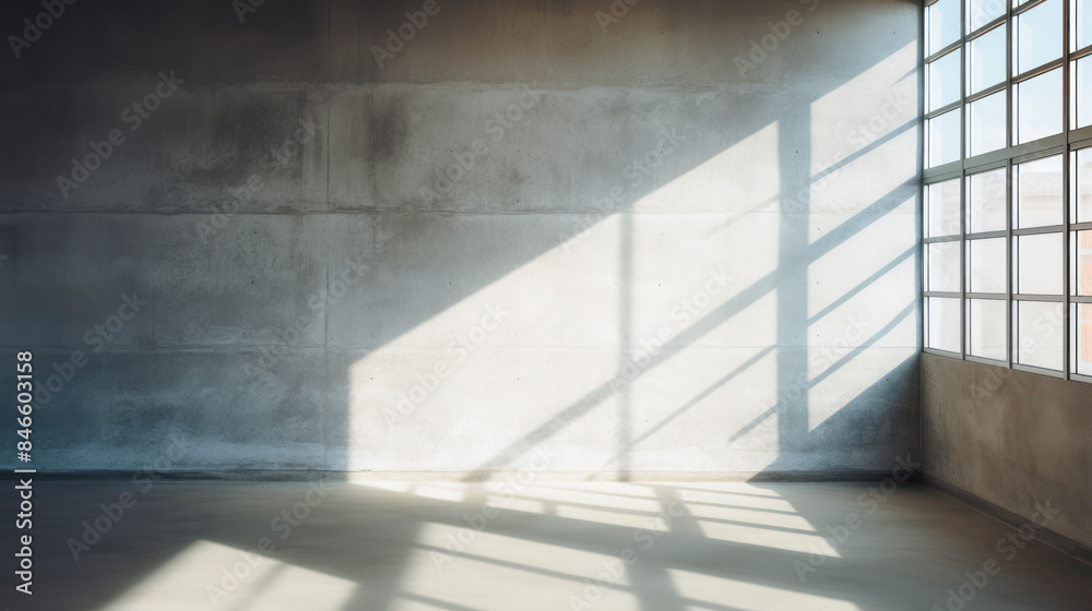 Fototapeta premium Empty room in grunge style used concrete walls and floor with interesting reflection from window. Interior environment background for presentation. Generative AI