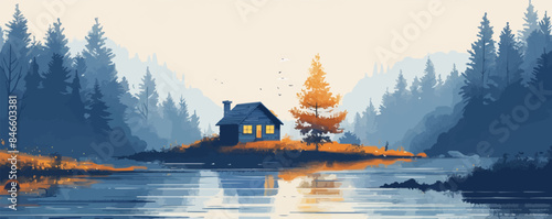 Serene mountain landscape with a serene alpine lake Vector flat minimalistic isolated illustration