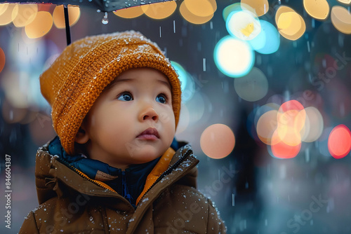 Fototapeta Naklejka Na Ścianę i Meble -  Cute small baby walk in rainy weather city streets generative AI