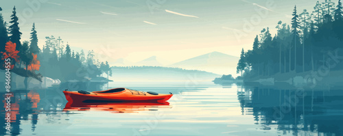 Kayak floating on tranquil lake waters. Vector flat minimalistic isolated illustration.