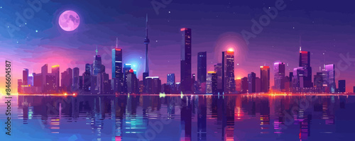 Modern city skyline with skyscrapers and city lights at night Vector flat minimalistic isolated illustration