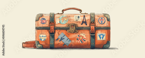 Vintage leather suitcase with travel stickers Vector flat minimalistic isolated