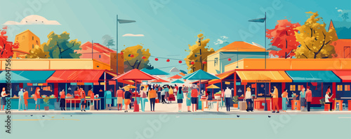 Vibrant street market with stalls and umbrellas. Vector flat minimalistic isolated