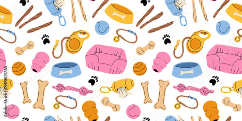 Dog toys seamless pattern. Pets supplies, playing accessories for puppy. knotted rope, ball, collar, chewing items, squeaky ball, bowl. Flat vector cartoon background isolated on white background