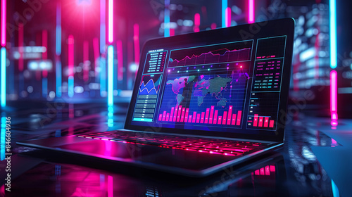 Laptop displaying charts and graphs for analyzing business accounting and statistics. Also, pertains to a modern UI/UX business website kit and admin interface © Kateryna Kordubailo