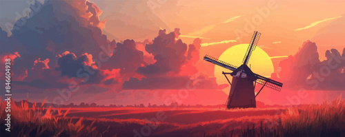 Quaint countryside windmill against a sunset sky Vector flat minimalistic isolated