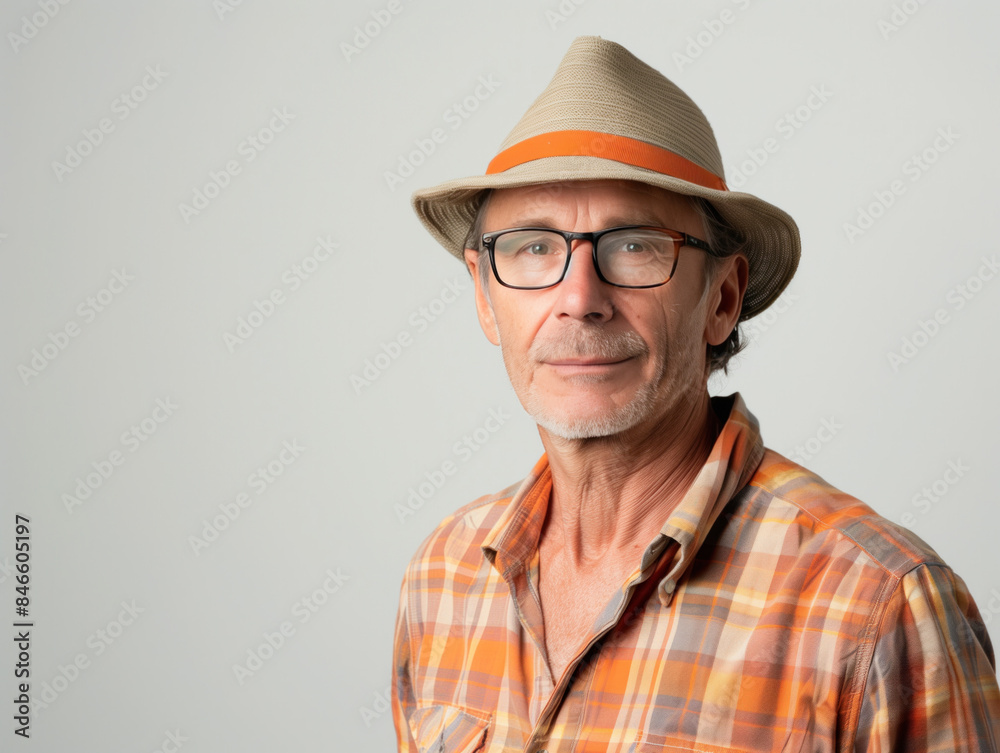 Stylish middle-aged man flaunts casual outfit and hat in photoshoot. Stylish middle-aged man flaunts casual outfit and hat in photoshoot.