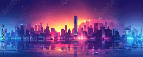 Modern city skyline with skyscrapers and city lights at night Vector flat minimalistic isolated illustration
