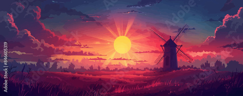 Quaint countryside windmill against a sunset sky Vector flat minimalistic isolated