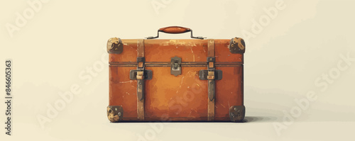 Vintage leather suitcase with travel stickers Vector flat minimalistic isolated