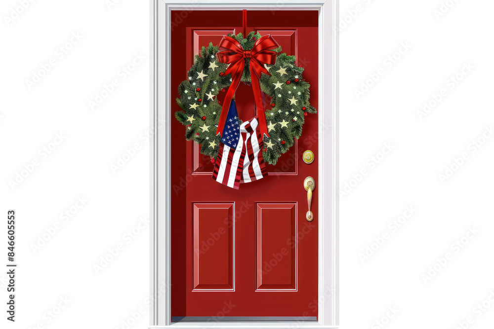 Fototapeta premium Red Door With A Wreath And American Flags Hanging From It, Clipart, Illustrations , Isolated On A Transparent Background. 