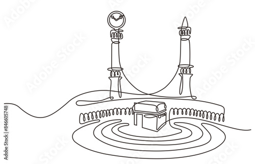 Holy Kaaba in Mecca Saudi Arabia, continous Line Art Vector illustration