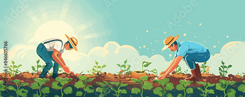 Farmers working in a sunlit field Vector flat minimalistic isolated illustration