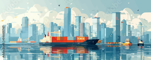 Modern cityscape with a bustling harbor and cargo ships Vector flat minimalistic isolated illustration