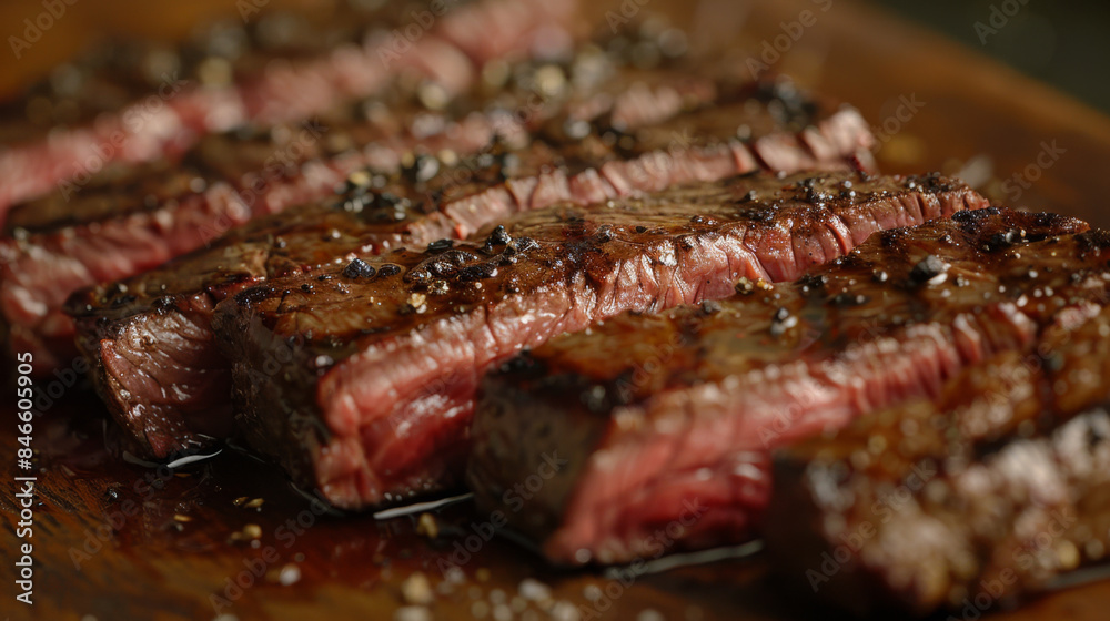 Perfectly cooked medium-rare steak sliced and served on a wooden board, highlighting its tenderness and flavor. Perfectly cooked medium-rare steak sliced and served on a wooden board, highlighting its tenderness and flavor.