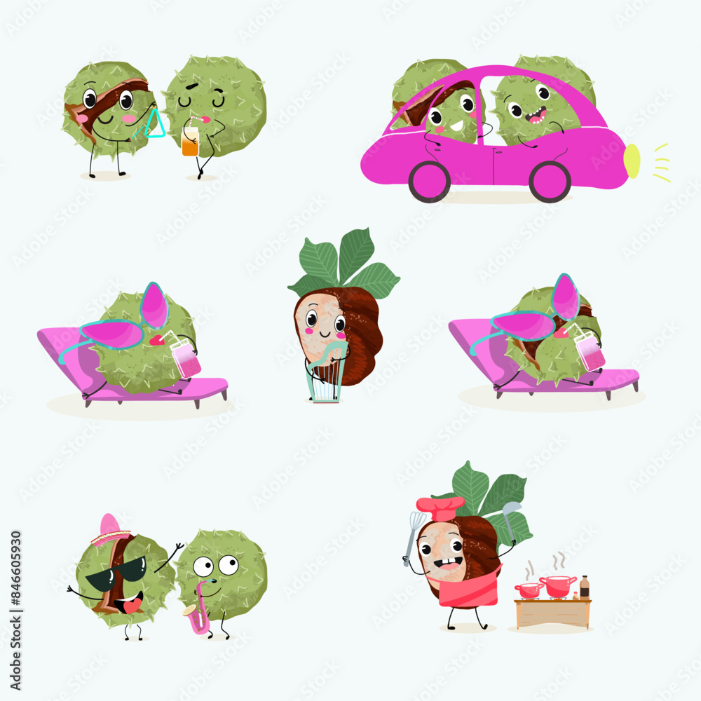 Obraz premium Cute chestnut characters set, collection. Flat vector illustration. Activities, playing musical instruments, sports, funny nuts.