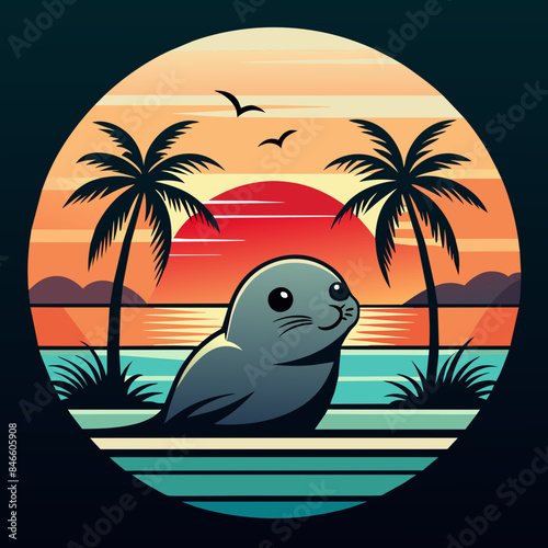 A cute seal is depicted in the foreground on what appears to be a peaceful beach setting with a vividly colored sunset in the background