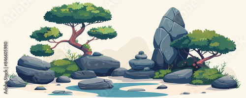 Peaceful meditation garden with zen rock formations. Vector flat minimalistic isolated