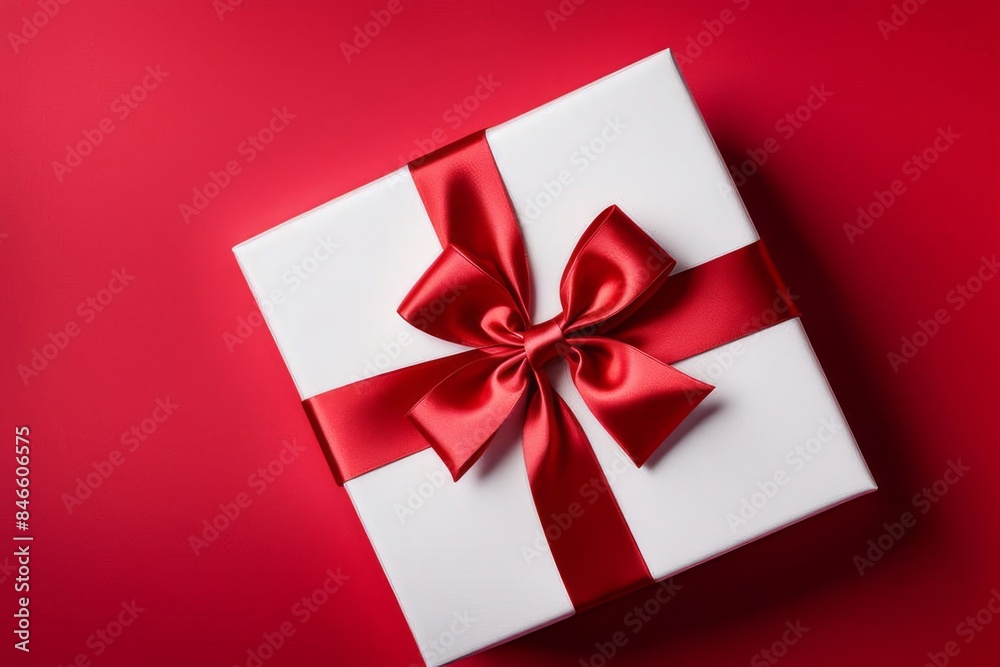 Luxury gifting: A top-view shot of a white gift box adorned with a red ribbon on red background Luxury gifting: A top-view shot of a white gift box adorned with a red ribbon on red background