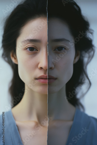 女, 女性, モデル, 悲しみ, 辛い, 憂鬱, 乖離, 病気, 二面性, 半分, 精神, 心, アジア人, 日本人, woman, female, model, sadness, painful, depression, divergence, illness, duality, half, spirit, mind, asian, japanese
