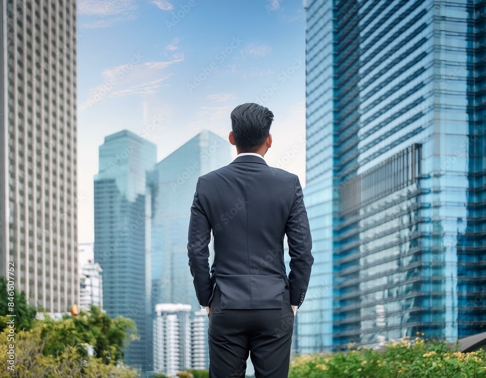 Businessmen are looking at multi-storey buildings. Illustrations of business, leaders and strategies.AI generated Businessmen are looking at multi-storey buildings. Illustrations of business, leaders and strategies.AI generated