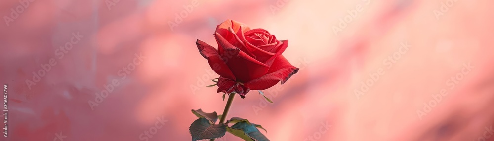 Single red rose against a soft pink background, detailed petals and leaves, symbolizing love and beauty in a minimalist and elegant composition Single red rose against a soft pink background, detailed petals and leaves, symbolizing love and beauty in a minimalist and elegant composition
