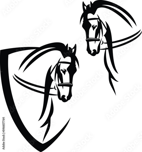 horse head with bridle and reins in simple heraldic shield - horseback riding black and white vector emblem design set