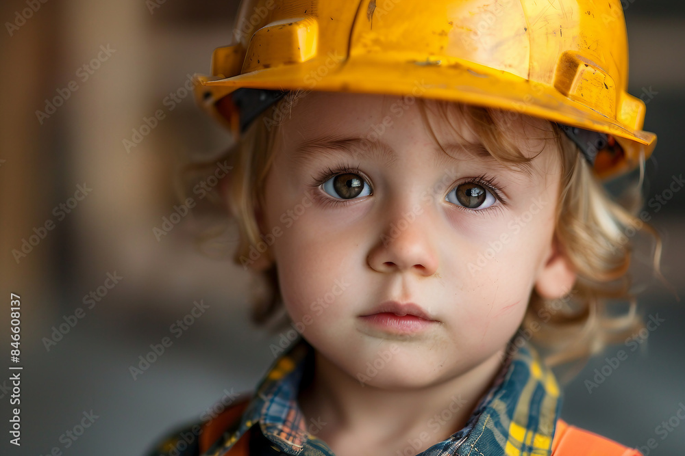 AI generated image of little cute child builder wearing helmet and costume like an adult AI generated image of little cute child builder wearing helmet and costume like an adult