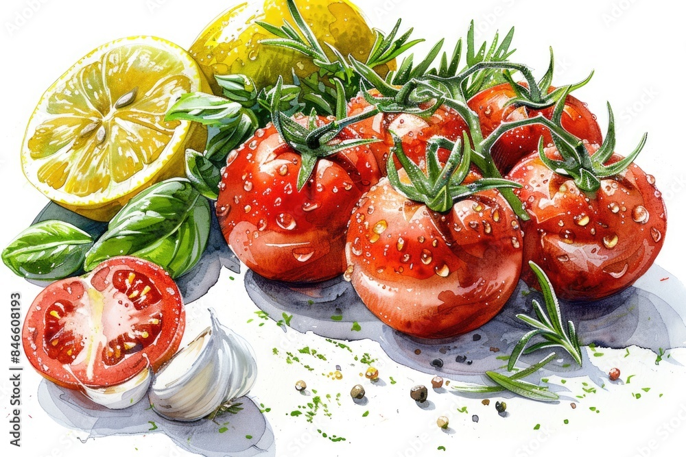 Tomatoes and seasoning on the chopping board Tomatoes and seasoning on the chopping board