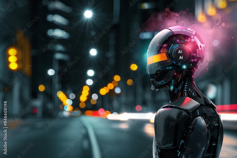 AI enhanced robotic head in urban nightscape, representing advanced technology, artificial intelligence, and futuristic innovation in a high tech city environment AI enhanced robotic head in urban nightscape, representing advanced technology, artificial intelligence, and futuristic innovation in a high tech city environment