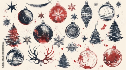 Christmas and New Year rubber stamps collection with scratches on a separate layer photo